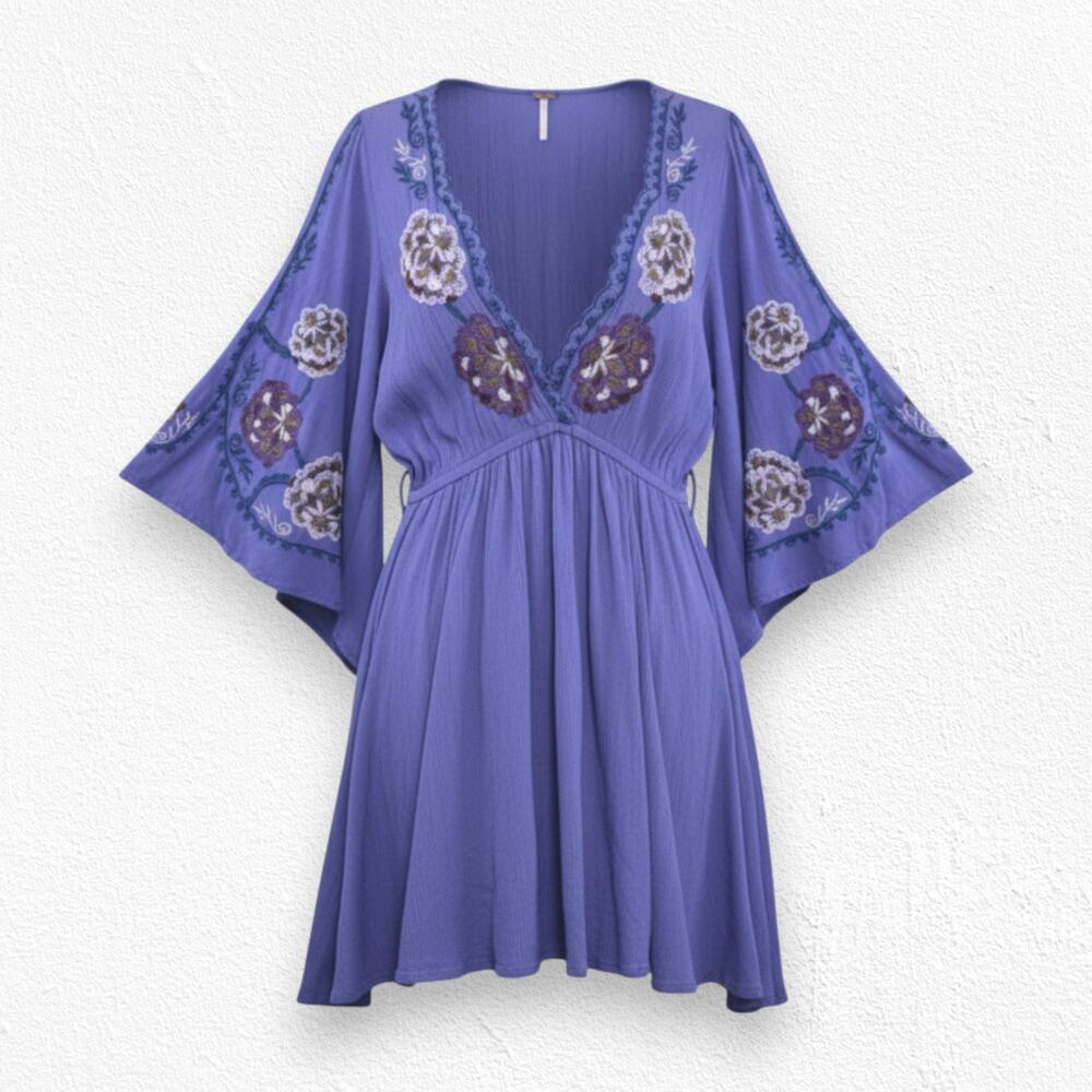 Free People Periwinkle Blue Embroidery Flutter Sleeve Boho Mini Dress Size Small